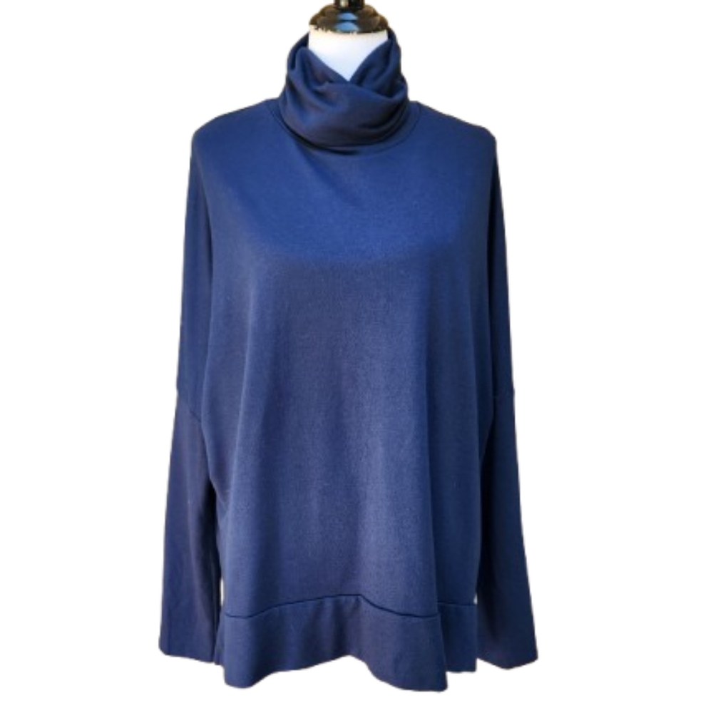 Ransom Dark Blue Cowl Neck Top Drop Shoulder Relaxed Fit Knit Solid